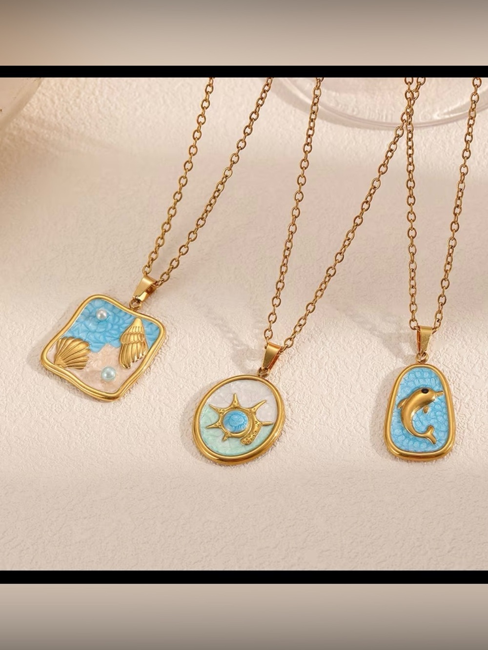 18k Gold-Plated Sea Motif Pendant Necklace 3 pieces set